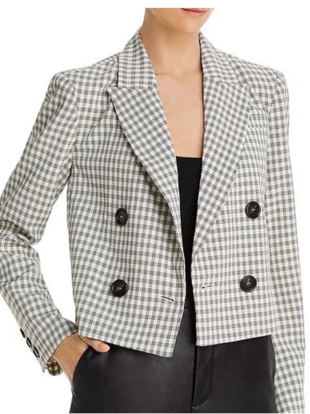 Lucy Paris White a Black Thin  Plaid Double-Breasted Cropped Blazer